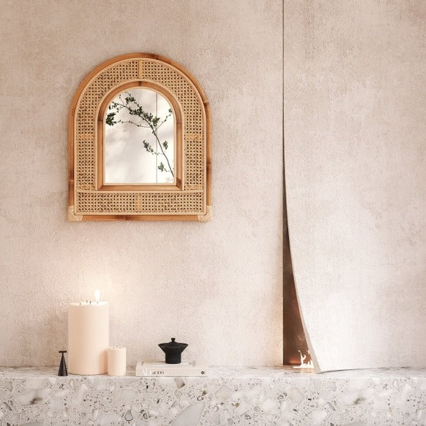Rattan Wall Mirror, Wall Mounted or Leaning Boho Arch Mirror