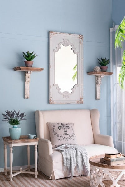 French Country Distressed White Mirror with Solid Wood Frame