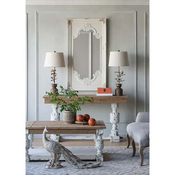 French Country Distressed White Mirror with Solid Wood Frame