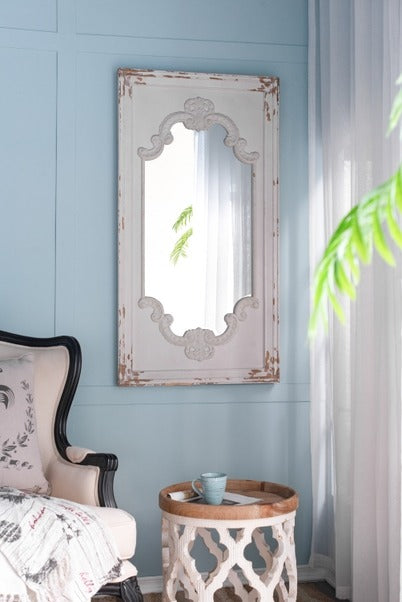 French Country Distressed White Mirror with Solid Wood Frame
