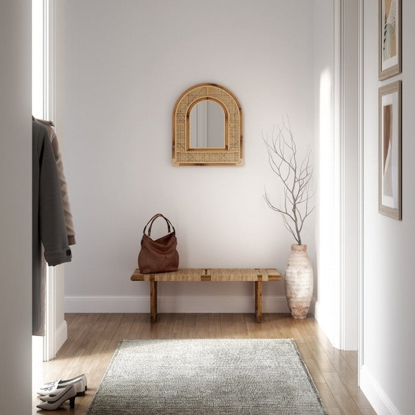 Rattan Wall Mirror, Wall Mounted or Leaning Boho Arch Mirror