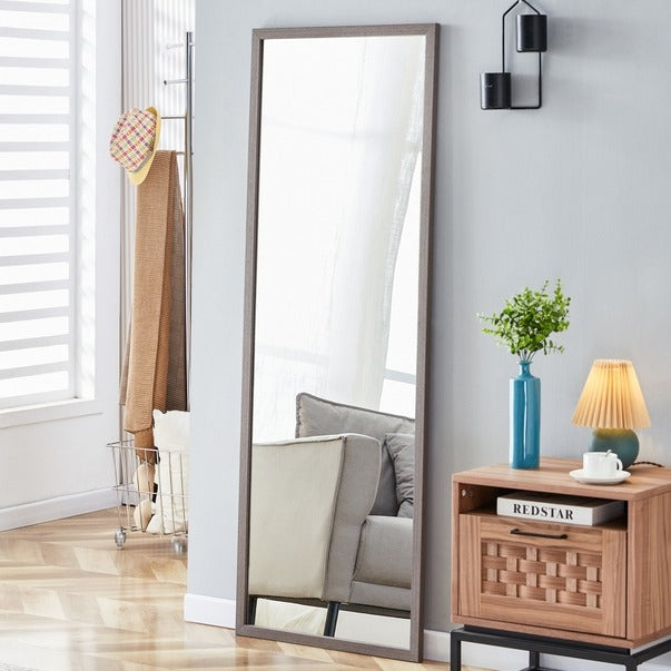Gray Wood Grain Solid Wood Full-Length Floor Mirror