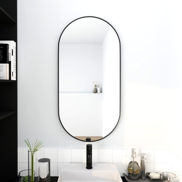 Black 18x35 Inch Oval Mirror with Aluminum Frame
