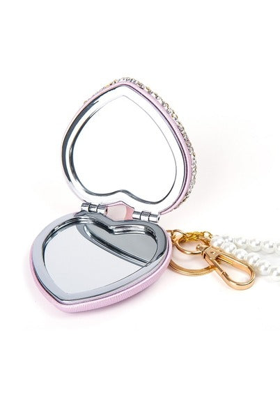 Folding Mirror Keychain w/ Flower Pearl Decoration