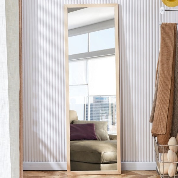 Thickened Light Oak Wood Full-Length Bedroom Mirror
