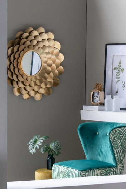 D31.5x3" Gold Mirrored Floral Wall Decor, Wall Mirror