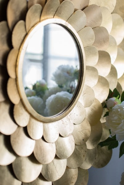 D31.5x3" Gold Mirrored Floral Wall Decor, Wall Mirror