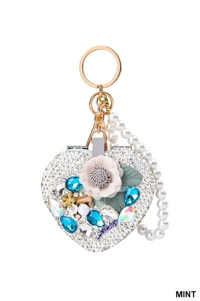 Folding Mirror Keychain w/ Flower Pearl Decoration