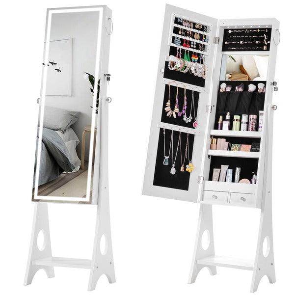 White Standing Storage Mirror with Led Light Frame