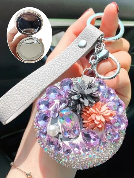 Flower Crystal Folding Makeup Mirror Keychain