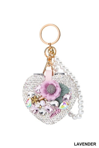 Folding Mirror Keychain w/ Flower Pearl Decoration