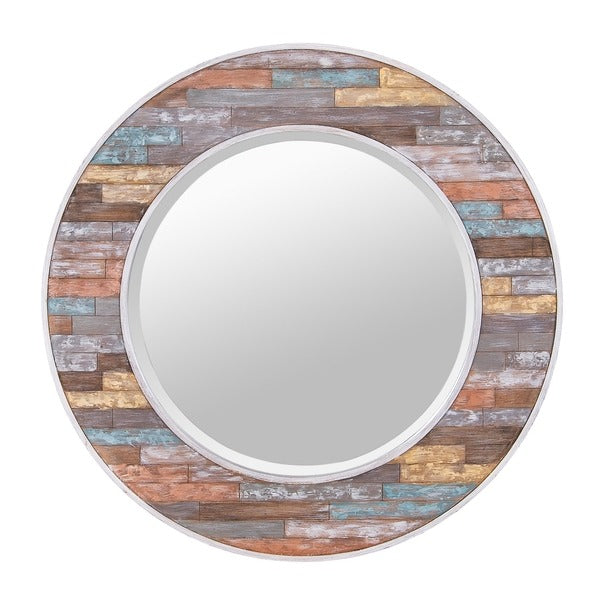 Colorful 30-Inch Waxed Plank Medium Circular Wood Mirror