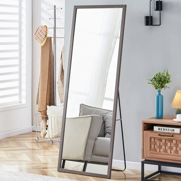 Gray Wood Grain Solid Wood Full-Length Floor Mirror