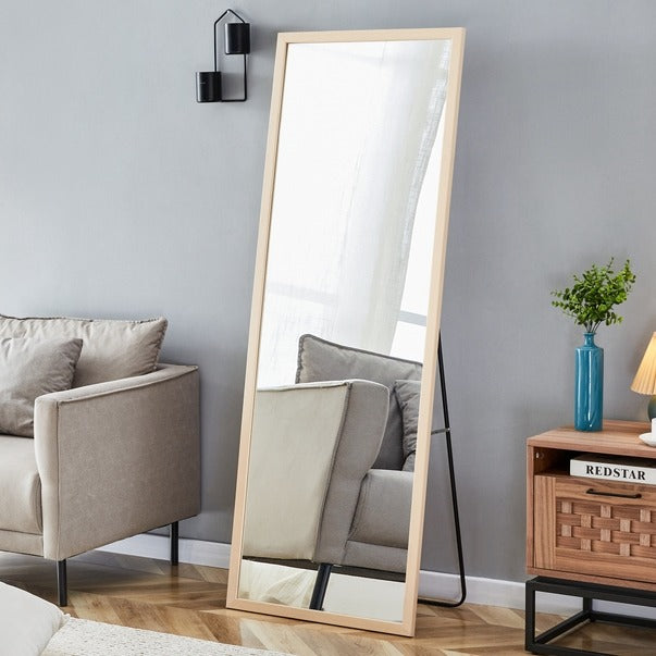 Thickened Light Oak Wood Full-Length Dressing Mirror