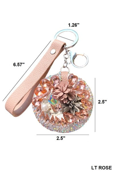 Flower Crystal Folding Makeup Mirror Keychain