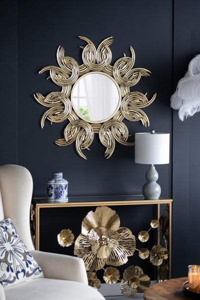 38" Sunburst Metal Decorative Mirror with Gold Finish, Boho