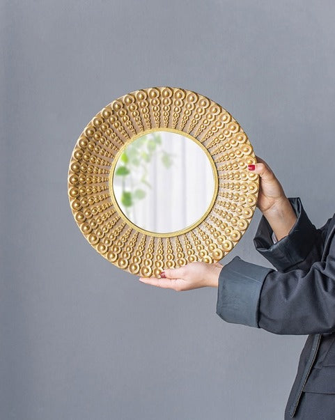 14" Gold Beaded Sunburst Mirror Round Accent Wall Mirror