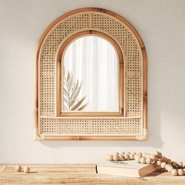 Rattan Wall Mirror, Wall Mounted or Leaning Boho Arch Mirror