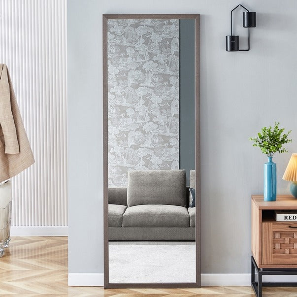 Gray Wood Grain Solid Wood Full-Length Floor Mirror