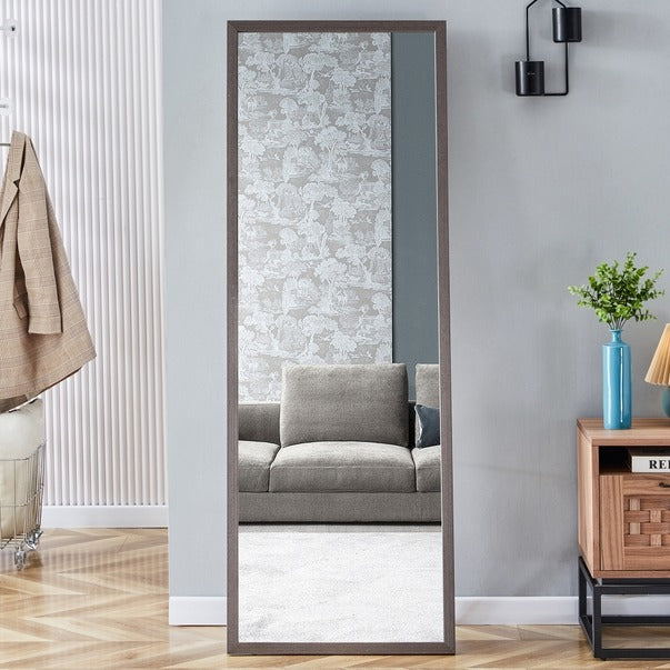 Gray Wood Grain Solid Wood Full-Length Floor Mirror