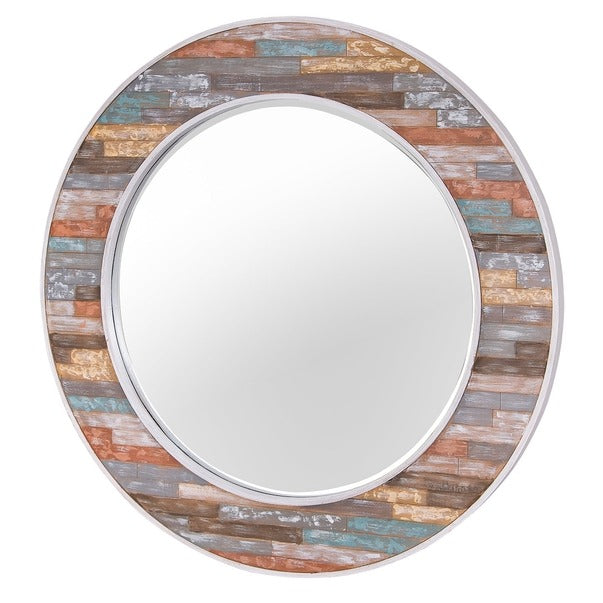 Colorful 36-Inch Waxed Plank Large Circular Wood Mirror