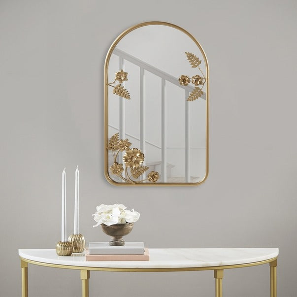 Gold Floral Iron Framed Arched Metal Wall Mirror