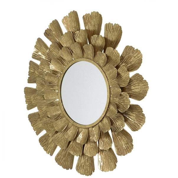 Round Gold Metal Mirror with Trumpet Vine Motif, 37x3"