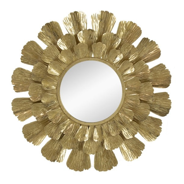 Round Gold Metal Mirror with Trumpet Vine Motif, 37x3"