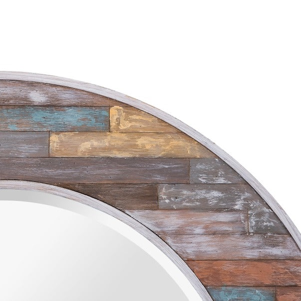 Colorful 30-Inch Waxed Plank Medium Circular Wood Mirror