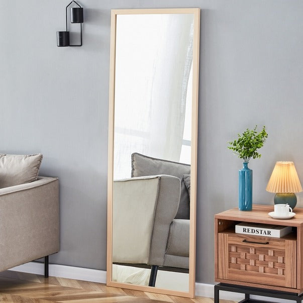 Thickened Light Oak Wood Full-Length Dressing Mirror