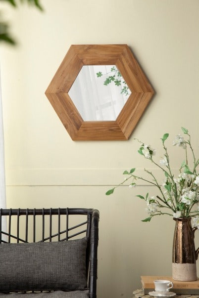 18.5" X 18.5" Hexagon Mirror with Natural Wood Frame