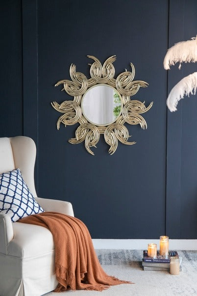 38" Sunburst Metal Decorative Mirror with Gold Finish, Boho