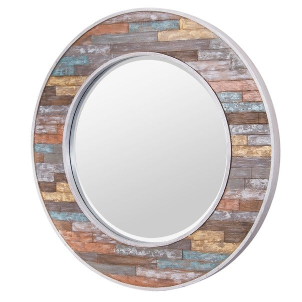 Colorful 30-Inch Waxed Plank Medium Circular Wood Mirror