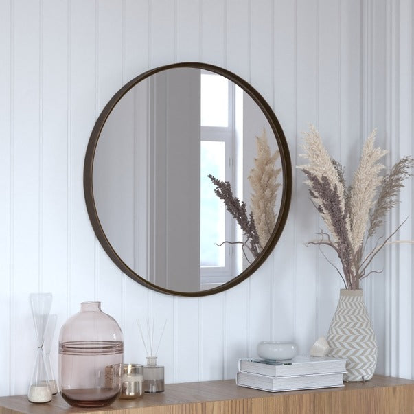 Hbcy 27.5" Round Bronze Metal Framed Accent Wall Mirror