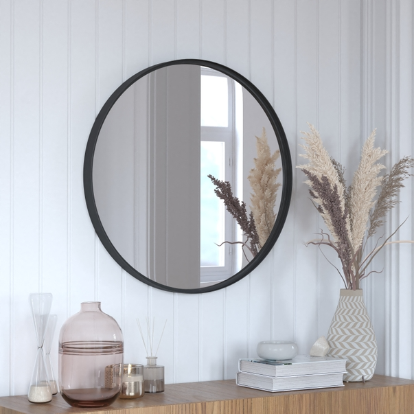 Hbcy 27.5" Round Black Metal Framed Accent Wall Mirror