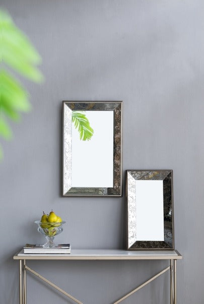 24" X 15" Antique Silver Rectangle Mirror with Floral Accent