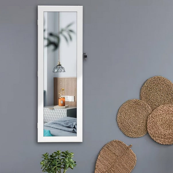 White Framed Hanging Storage Mirror with Lock