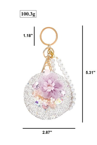 Flower Pearl Folding Makeup Mirror Keychain