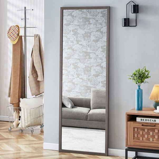 Gray Wood Grain Solid Wood Full-Length Floor Mirror