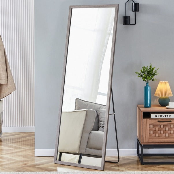 Gray Wood Grain Solid Wood Full-Length Floor Mirror