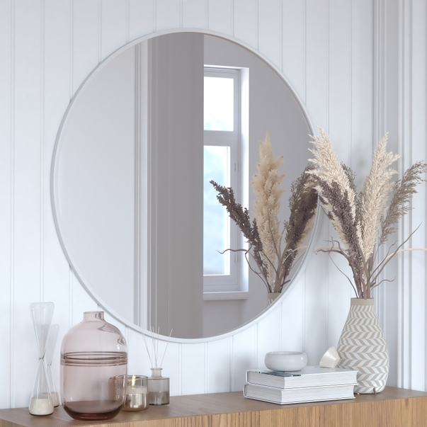 Hbcy 36" Round Silver Metal Framed Accent Wall Mirror